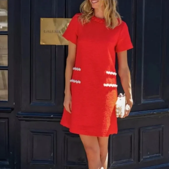 Tuckernuck Red Tweed Jackie Dress Pearl Embellishment L - Picture 3 of 16